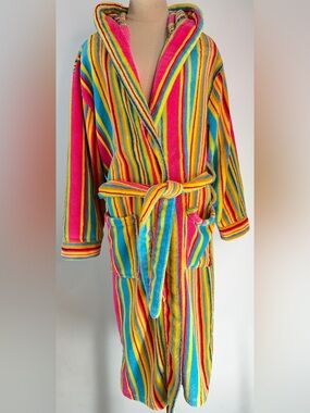 Vintage Y2K Alexander Del Rossa Cozy‎ Fleece Candy Striped Robe Belted Pockets